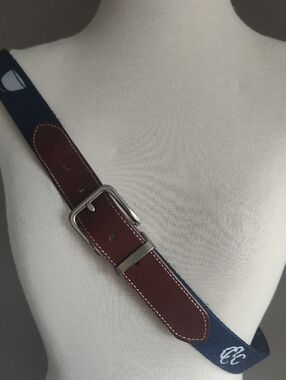 Peter Millar Men's Adjustable Navy/White Fishermen's Belt Brown Leather Closure